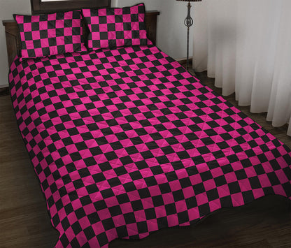 Magenta Pink And Black Checkered Print Quilt Bed Set