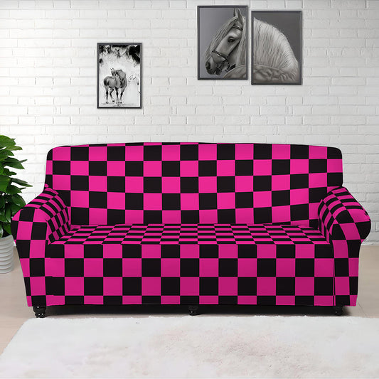 Magenta Pink And Black Checkered Print Sofa Cover