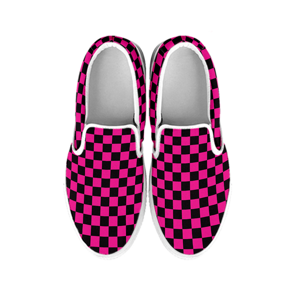 Magenta Pink And Black Checkered Print White Slip On Shoes