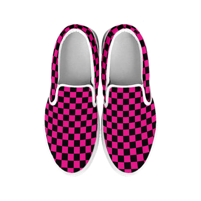 Magenta Pink And Black Checkered Print White Slip On Shoes