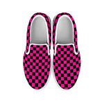 Magenta Pink And Black Checkered Print White Slip On Shoes
