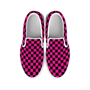 Magenta Pink And Black Checkered Print White Slip On Shoes