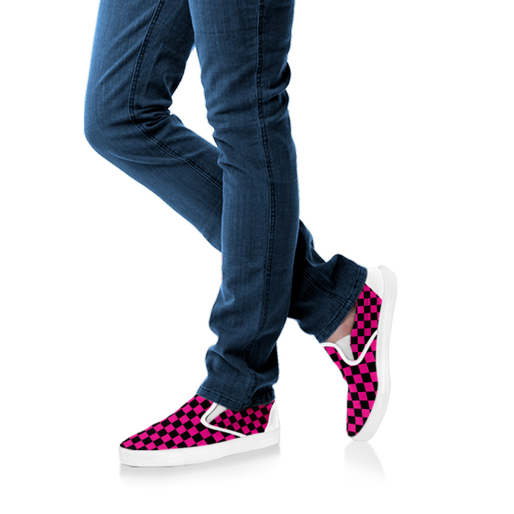 Magenta Pink And Black Checkered Print White Slip On Shoes