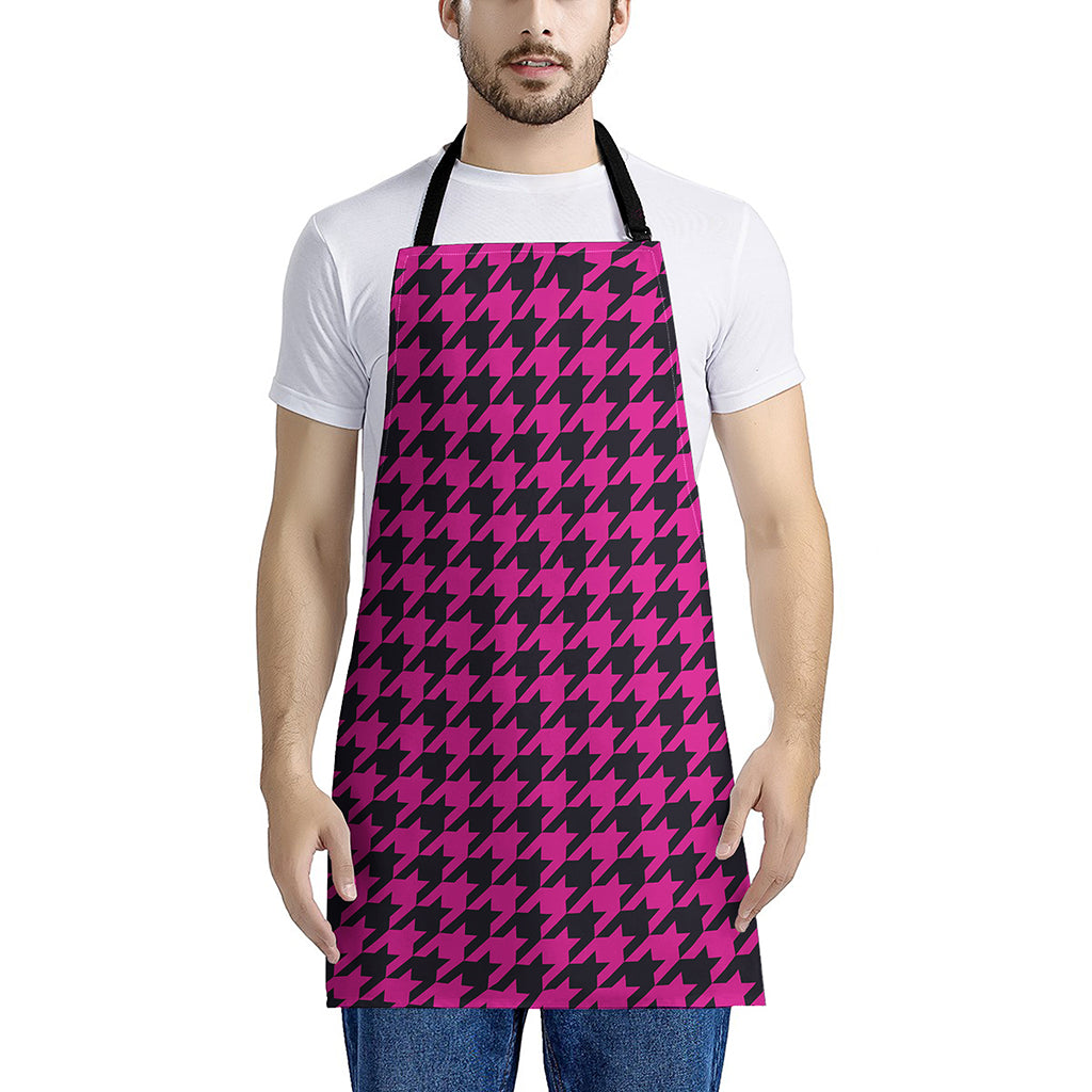 Magenta Pink And Black Houndstooth Print Apron