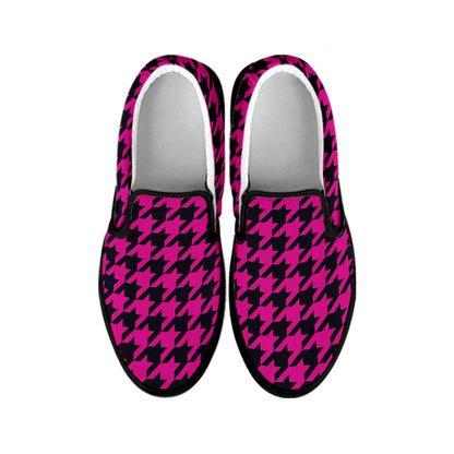 Magenta Pink And Black Houndstooth Print Black Slip On Shoes