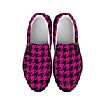 Magenta Pink And Black Houndstooth Print Black Slip On Shoes