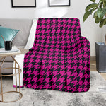 Magenta Pink And Black Houndstooth Print Blanket