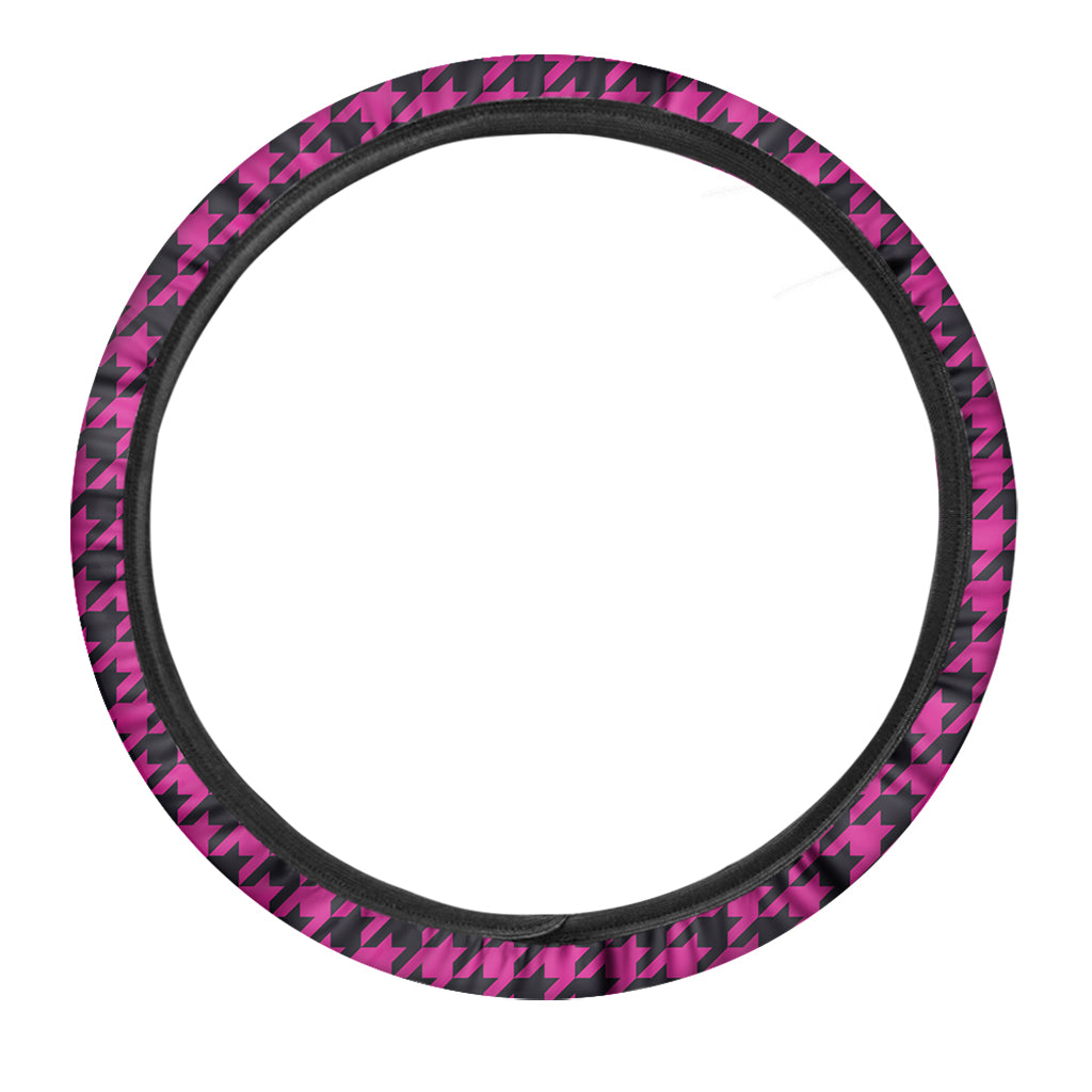 Magenta Pink And Black Houndstooth Print Car Steering Wheel Cover