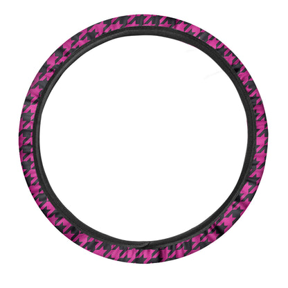Magenta Pink And Black Houndstooth Print Car Steering Wheel Cover
