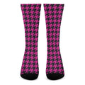 Magenta Pink And Black Houndstooth Print Crew Socks