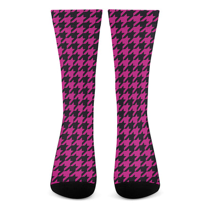 Magenta Pink And Black Houndstooth Print Crew Socks