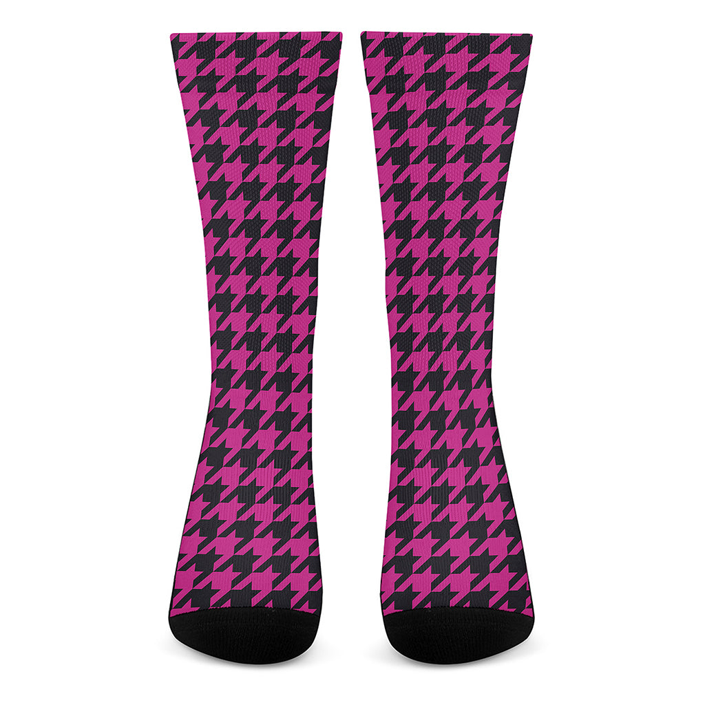 Magenta Pink And Black Houndstooth Print Crew Socks