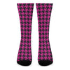 Magenta Pink And Black Houndstooth Print Crew Socks