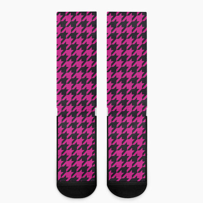 Magenta Pink And Black Houndstooth Print Crew Socks