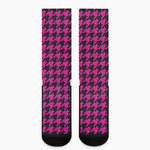 Magenta Pink And Black Houndstooth Print Crew Socks