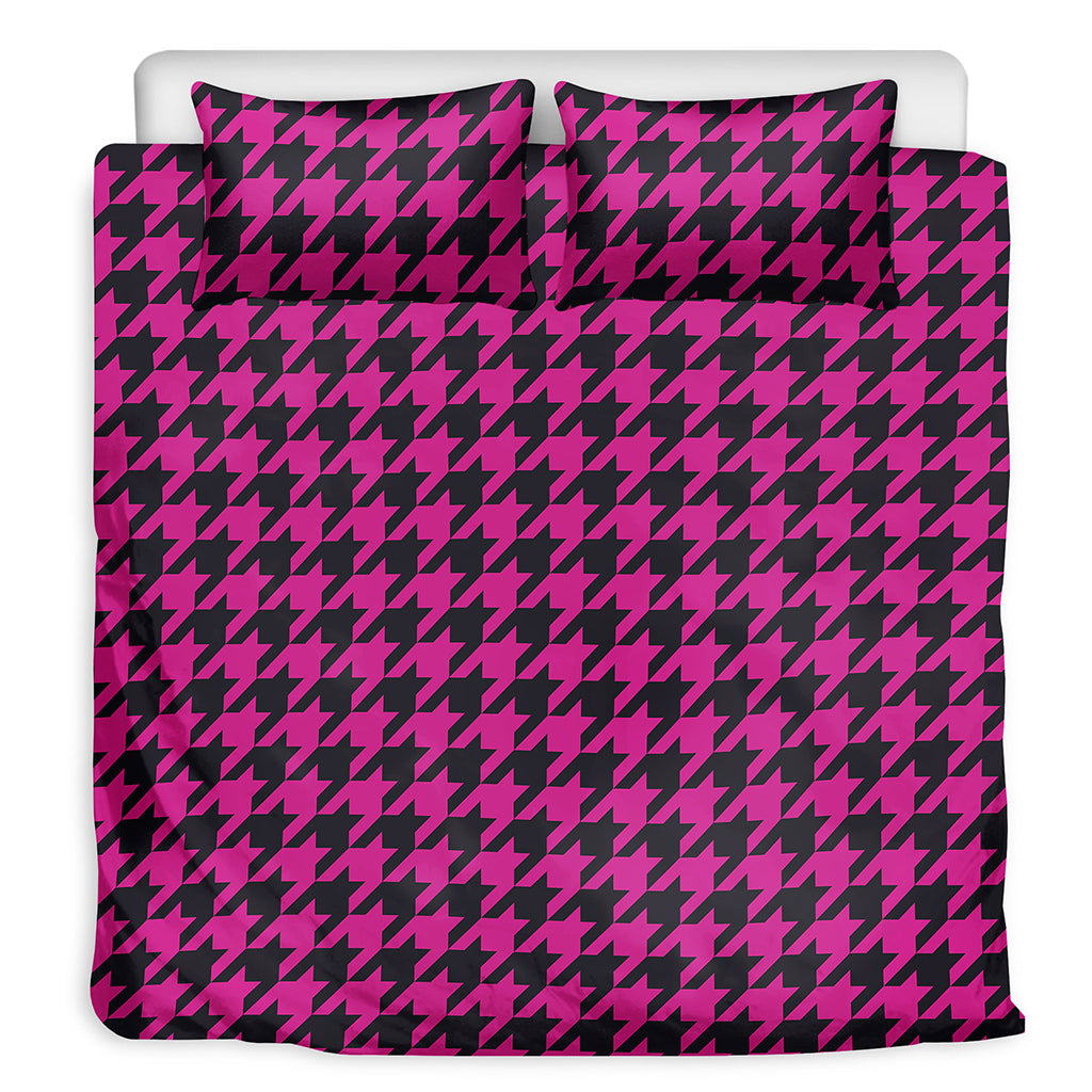 Magenta Pink And Black Houndstooth Print Duvet Cover Bedding Set