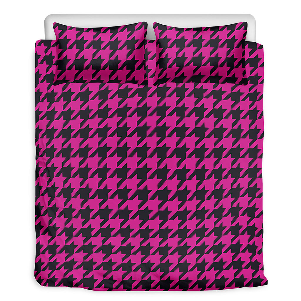Magenta Pink And Black Houndstooth Print Duvet Cover Bedding Set