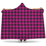 Magenta Pink And Black Houndstooth Print Hooded Blanket