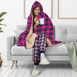 Magenta Pink And Black Houndstooth Print Hooded Blanket
