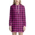 Magenta Pink And Black Houndstooth Print Pullover Hoodie Dress