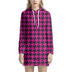 Magenta Pink And Black Houndstooth Print Hoodie Dress