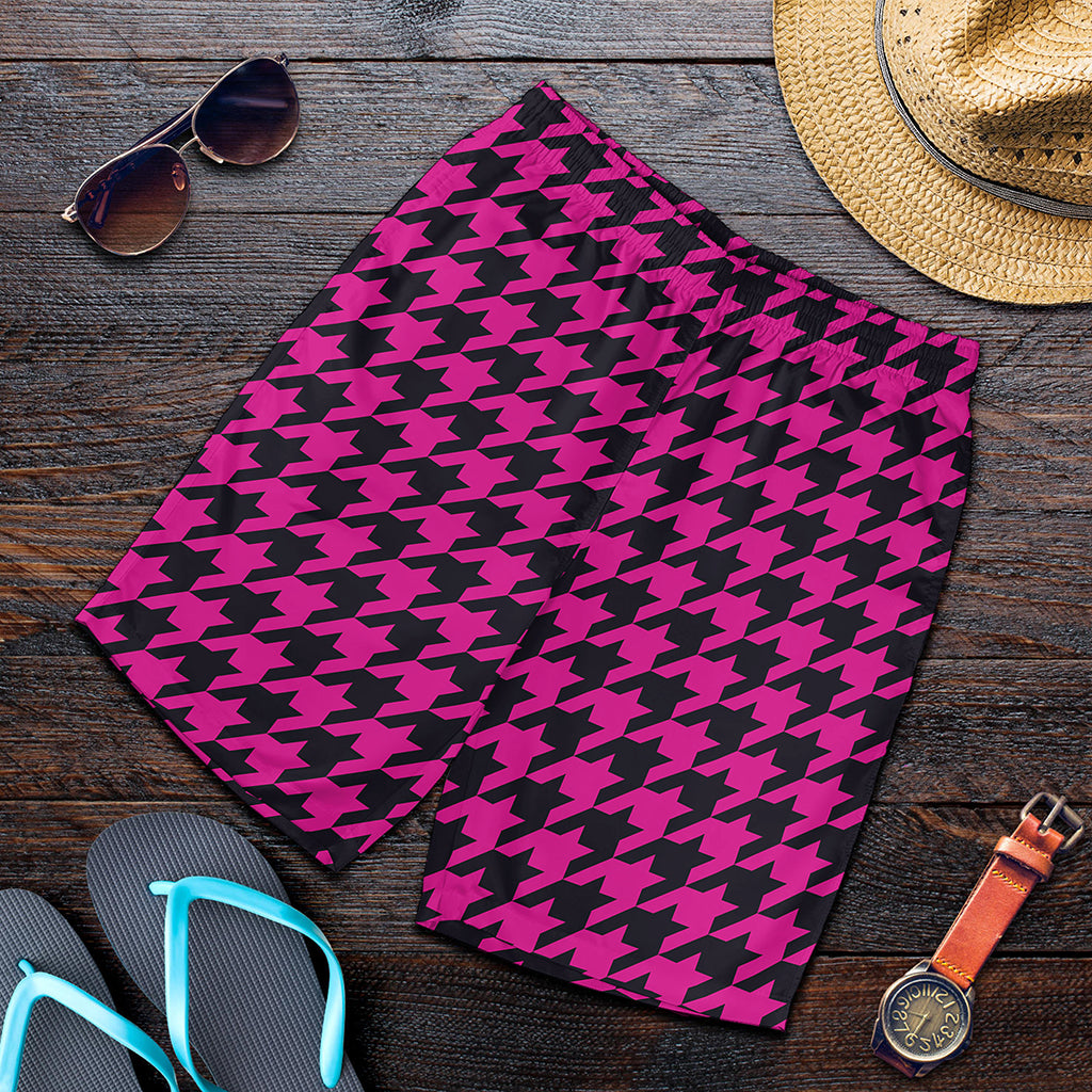 Magenta Pink And Black Houndstooth Print Men's Shorts