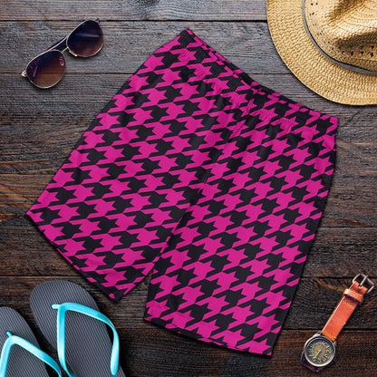 Magenta Pink And Black Houndstooth Print Men's Shorts