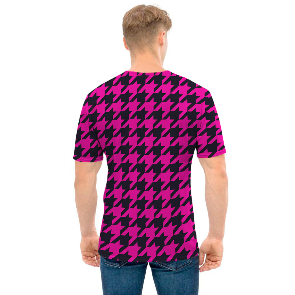 Magenta Pink And Black Houndstooth Print Men's T-Shirt