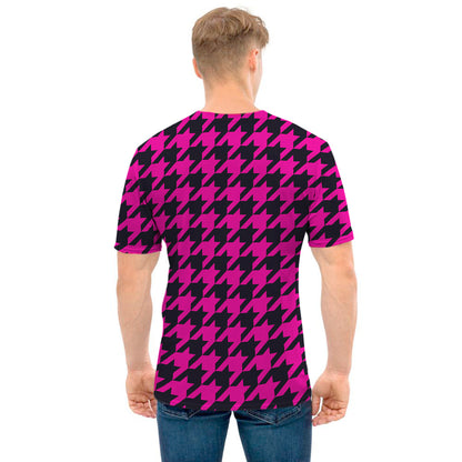 Magenta Pink And Black Houndstooth Print Men's T-Shirt
