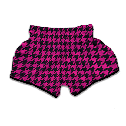 Magenta Pink And Black Houndstooth Print Muay Thai Boxing Shorts