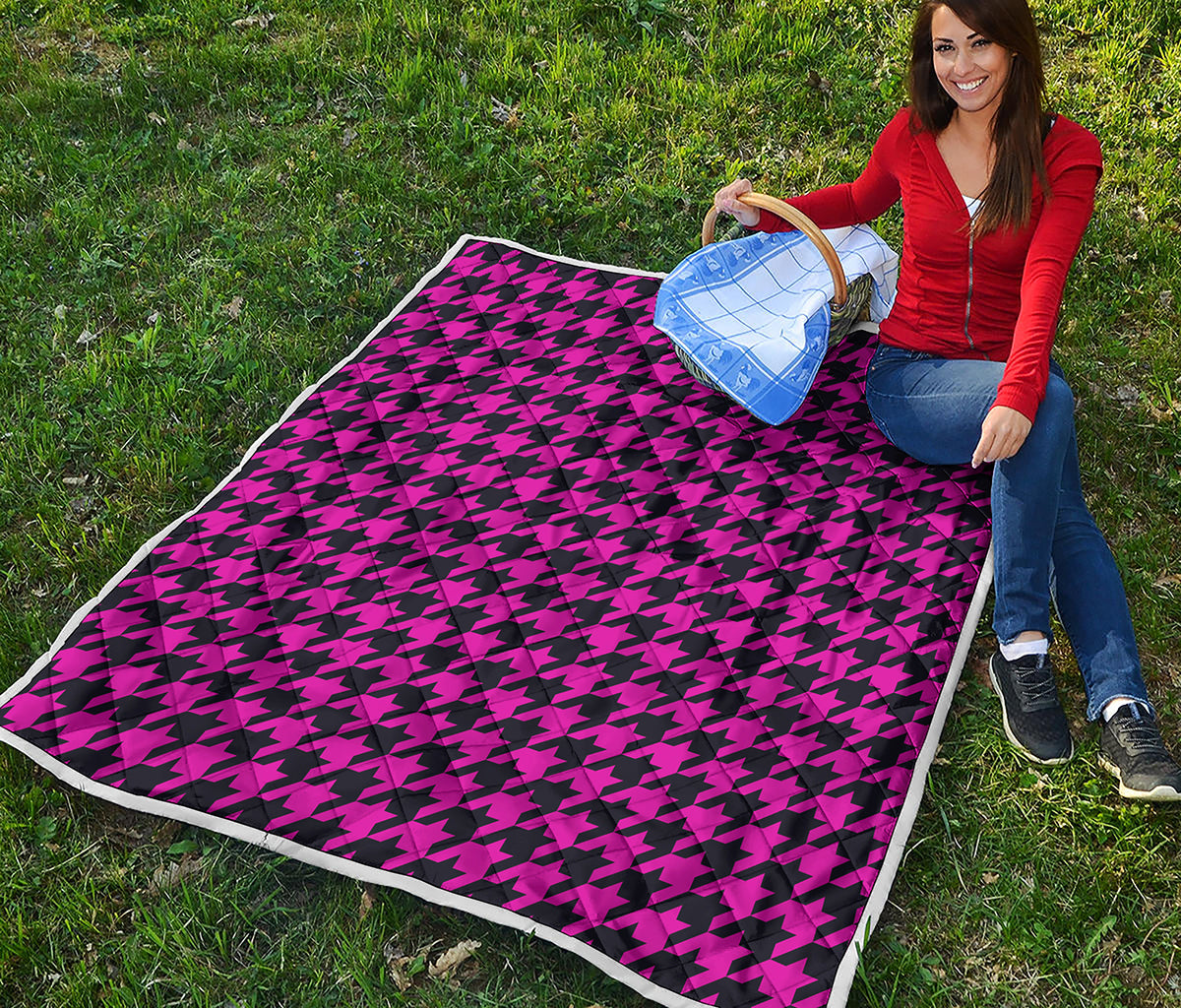Magenta Pink And Black Houndstooth Print Quilt