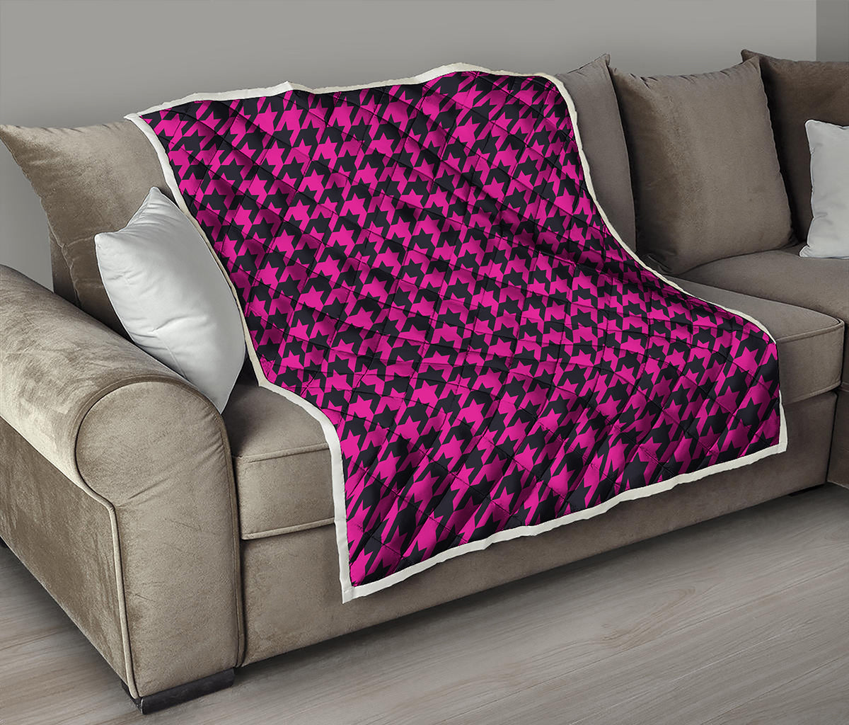 Magenta Pink And Black Houndstooth Print Quilt