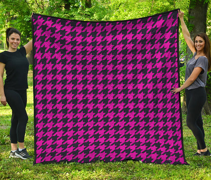 Magenta Pink And Black Houndstooth Print Quilt