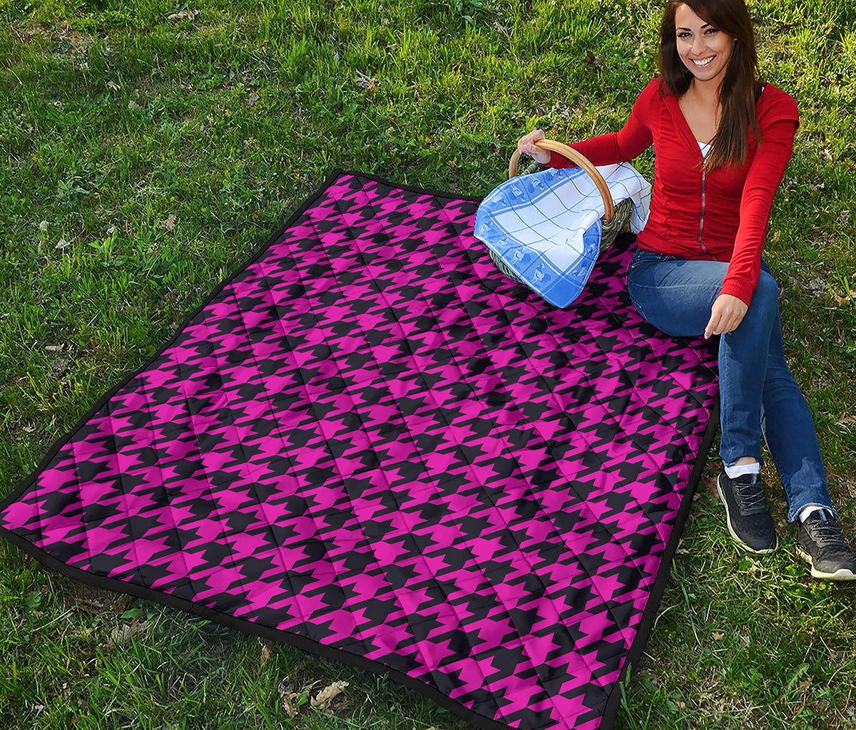 Magenta Pink And Black Houndstooth Print Quilt