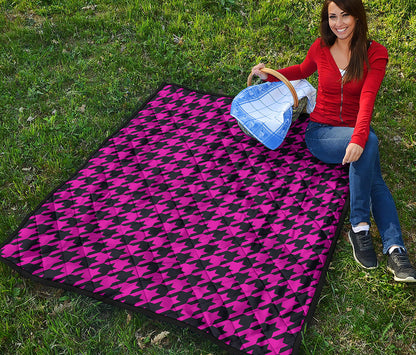 Magenta Pink And Black Houndstooth Print Quilt