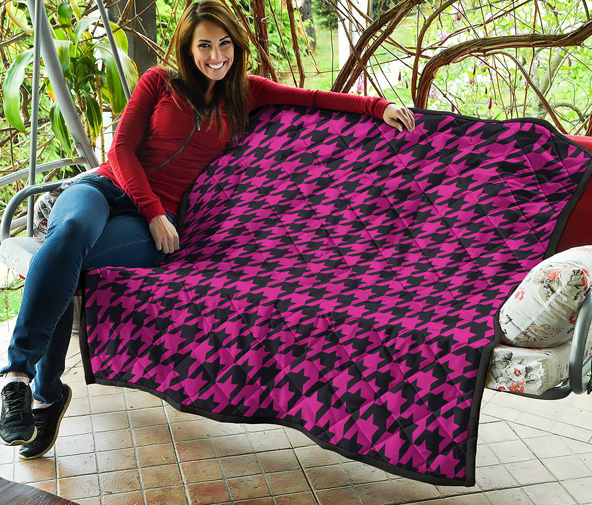 Magenta Pink And Black Houndstooth Print Quilt