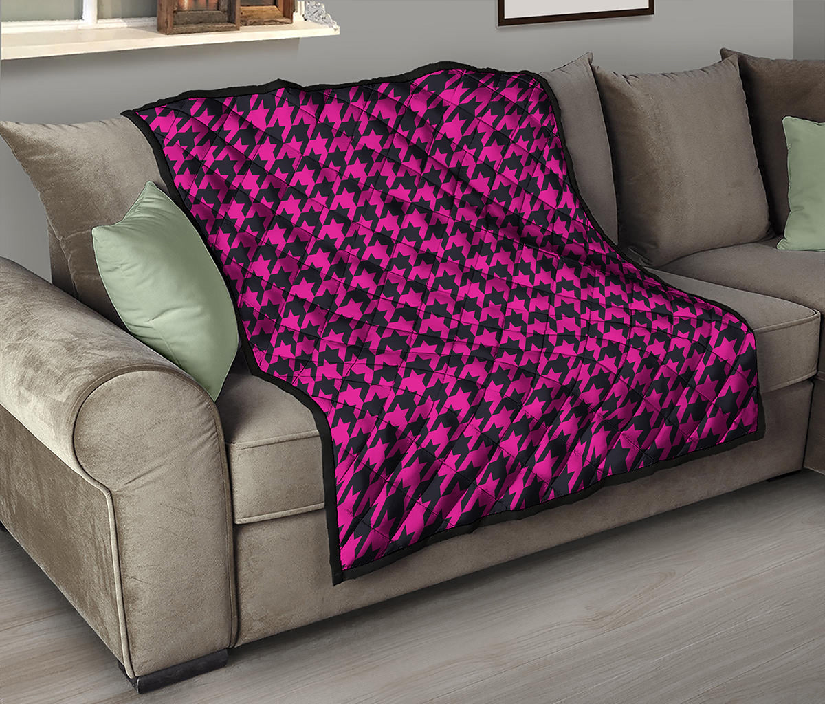 Magenta Pink And Black Houndstooth Print Quilt