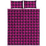 Magenta Pink And Black Houndstooth Print Quilt Bed Set