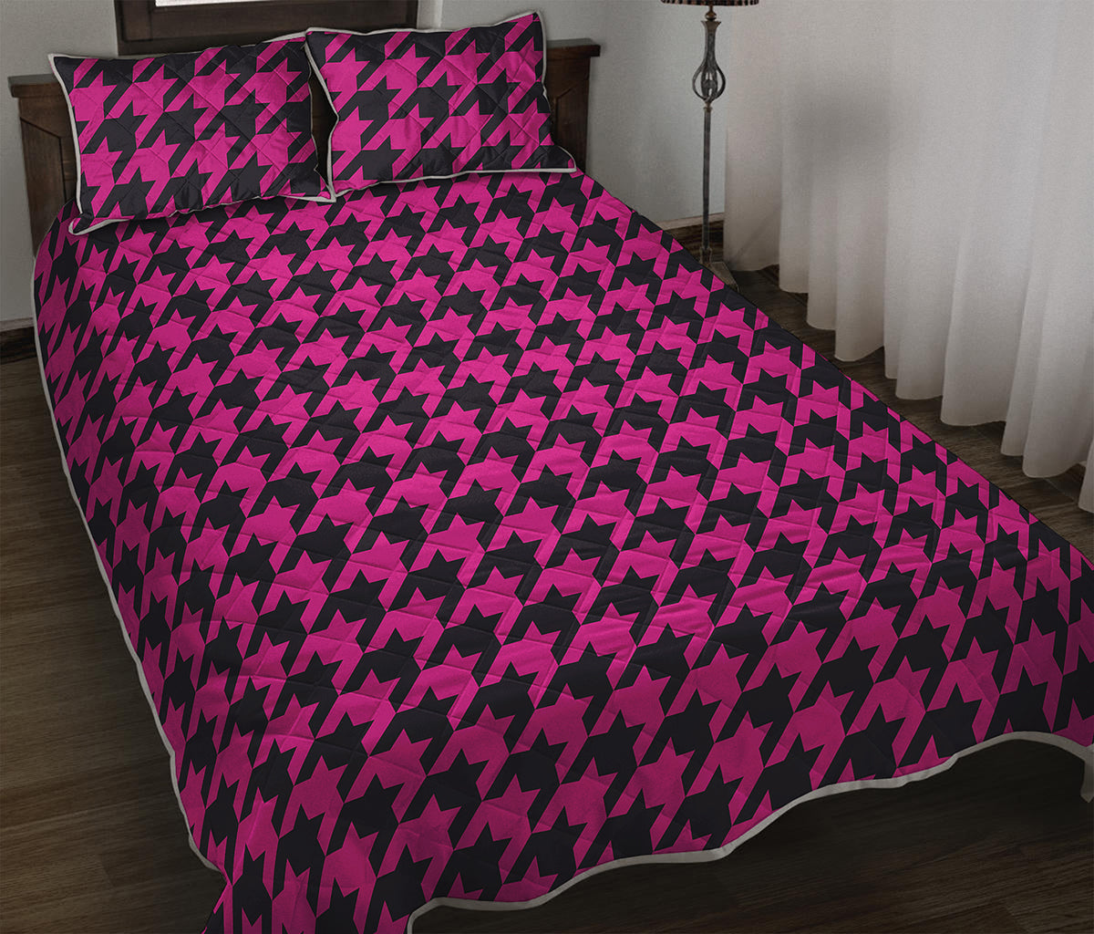 Magenta Pink And Black Houndstooth Print Quilt Bed Set