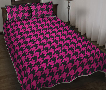 Magenta Pink And Black Houndstooth Print Quilt Bed Set