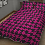Magenta Pink And Black Houndstooth Print Quilt Bed Set