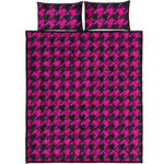 Magenta Pink And Black Houndstooth Print Quilt Bed Set