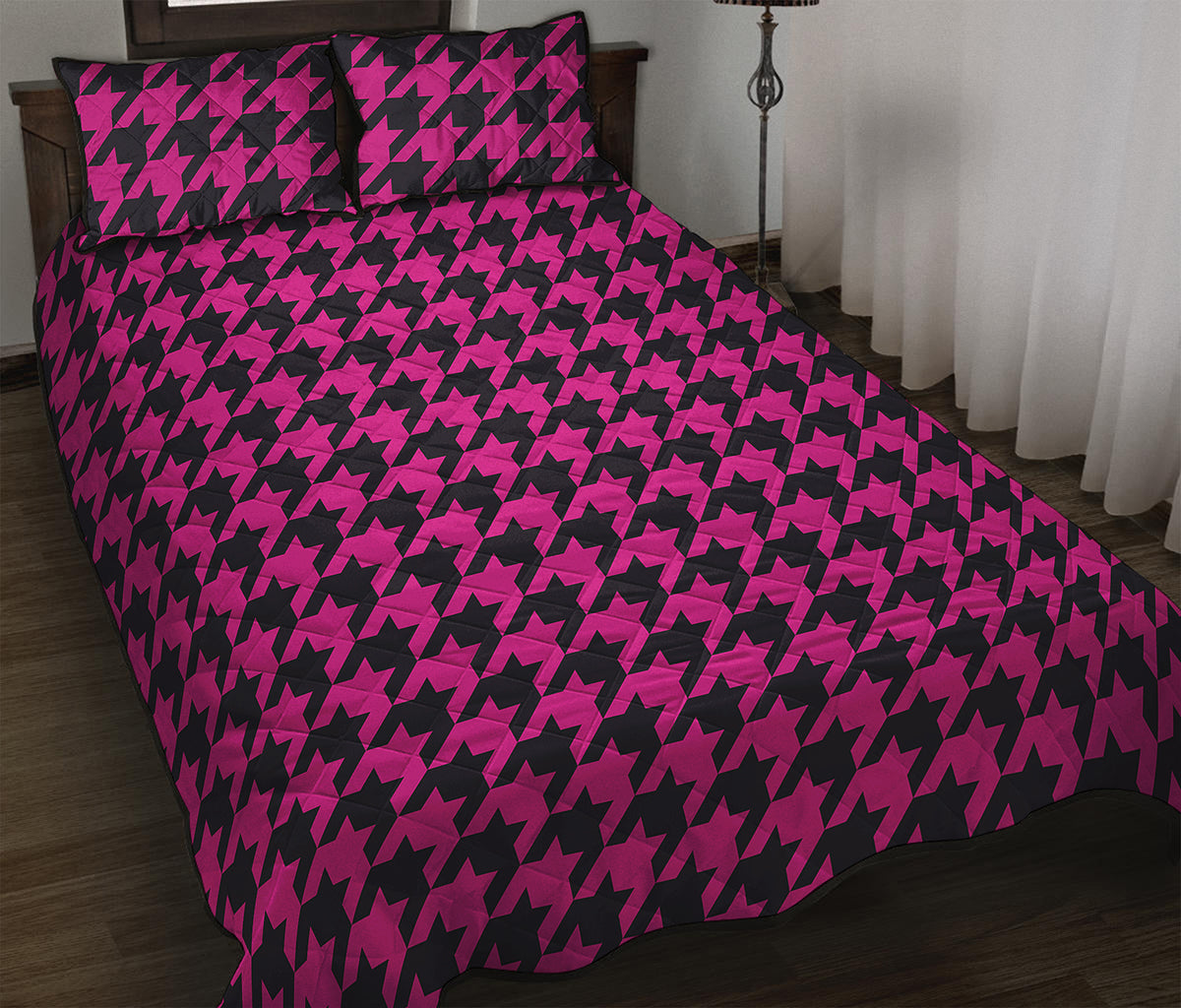 Magenta Pink And Black Houndstooth Print Quilt Bed Set
