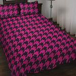 Magenta Pink And Black Houndstooth Print Quilt Bed Set
