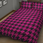 Magenta Pink And Black Houndstooth Print Quilt Bed Set