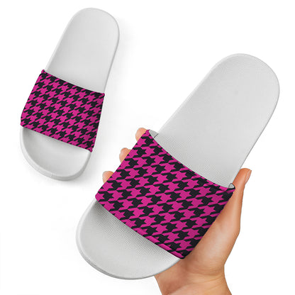 Magenta Pink And Black Houndstooth Print White Slide Sandals