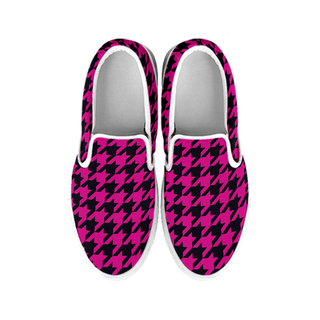 Magenta Pink And Black Houndstooth Print White Slip On Shoes