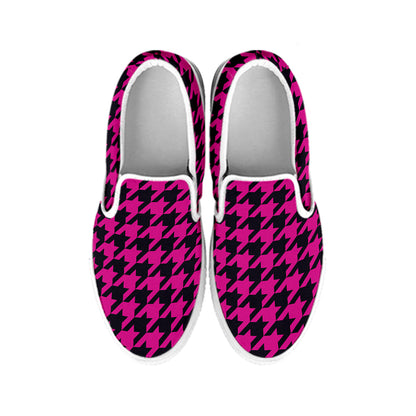 Magenta Pink And Black Houndstooth Print White Slip On Shoes