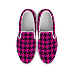 Magenta Pink And Black Houndstooth Print White Slip On Shoes