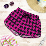 Magenta Pink And Black Houndstooth Print Women's Shorts